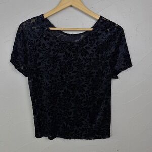 Vintage Velvet Burnout Floral Top Women Medium Black Devore Goth Whimsigoth Vamp